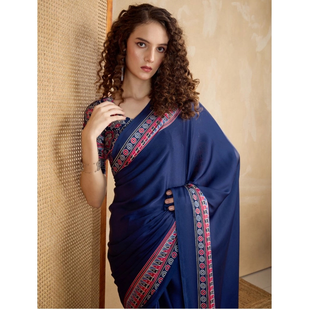 Generic Women's Satin Crepe Printed Saree With Unstitched Blouse 5.5Mtr (Navy Blue) - VANSHELLE