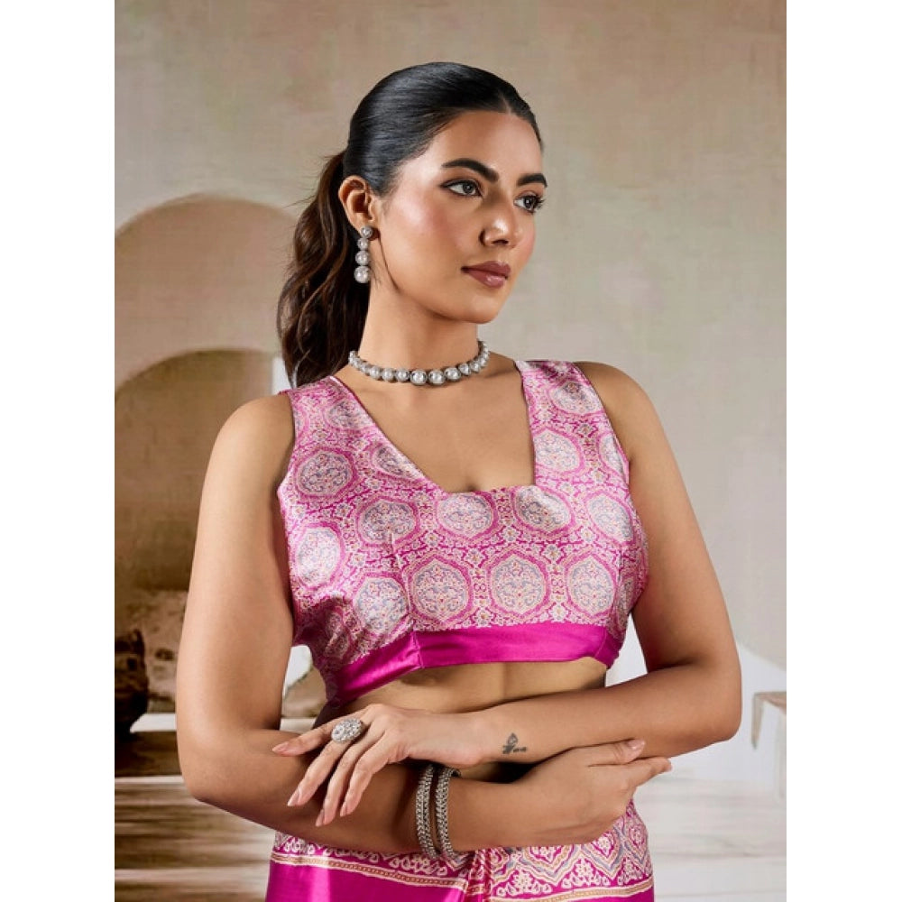 Generic Women's Satin Crepe Printed Saree With Unstitched Blouse 5.5Mtr (Pink) - VANSHELLE