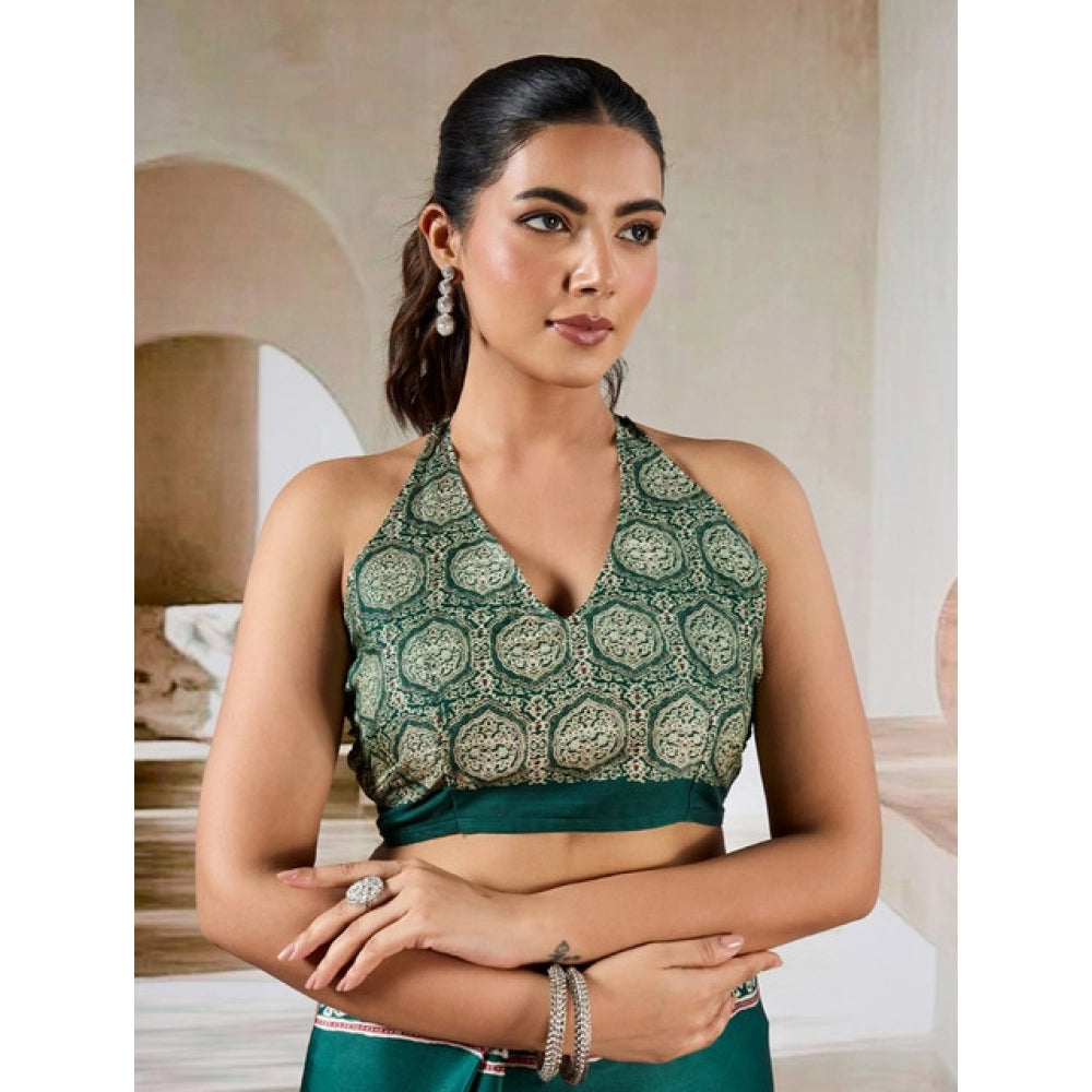 Generic Women's Satin Crepe Printed Saree With Unstitched Blouse 5.5Mtr (Green) - VANSHELLE