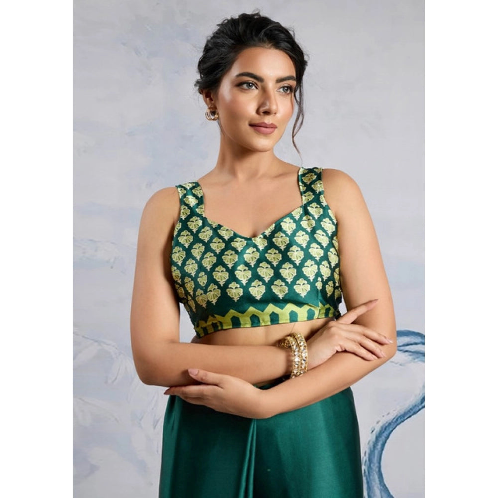 Generic Women's Satin Crepe Printed Saree With Unstitched Blouse 5.5Mtr (Green) - VANSHELLE