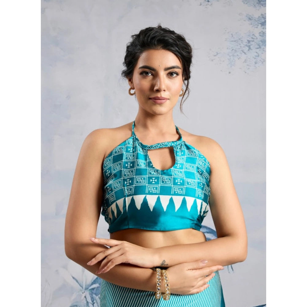 Generic Women's Satin Crepe Printed Saree With Unstitched Blouse 5.5Mtr (Rama Blue) - VANSHELLE
