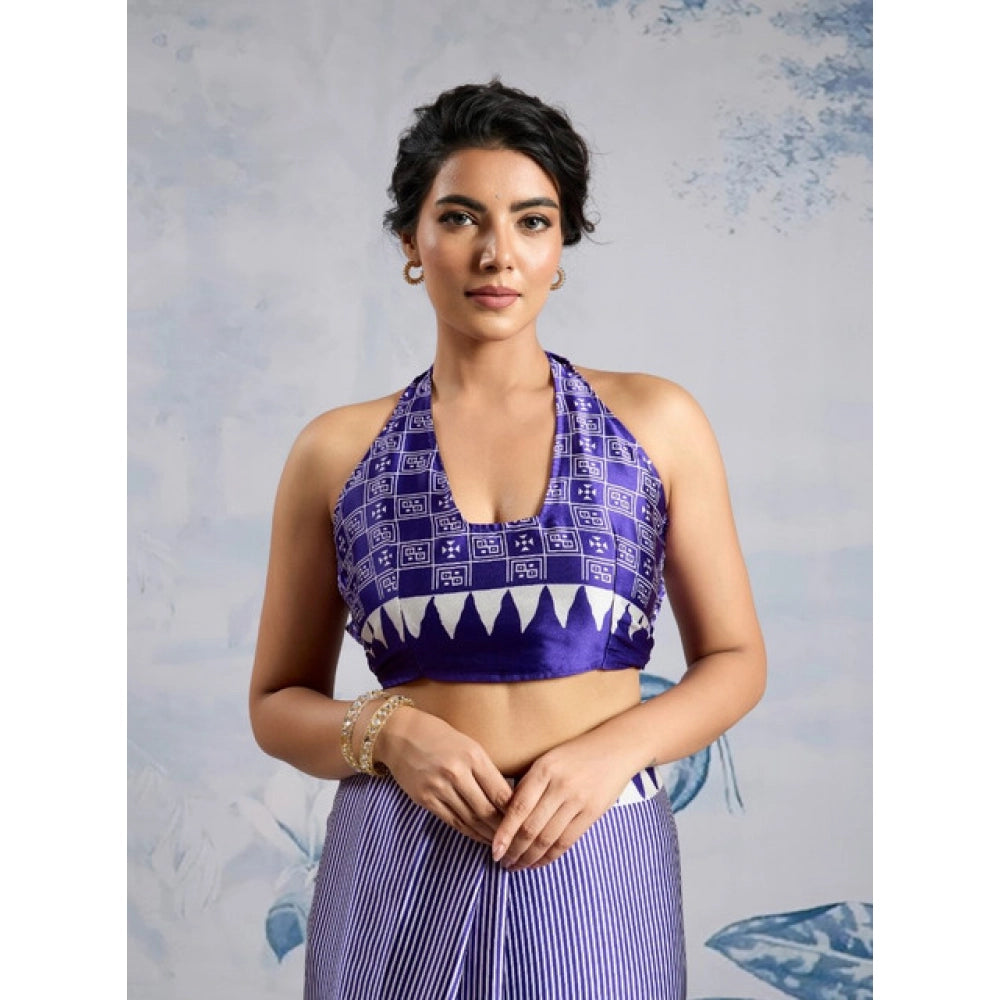 Generic Women's Satin Crepe Printed Saree With Unstitched Blouse 5.5Mtr (Purple) - VANSHELLE