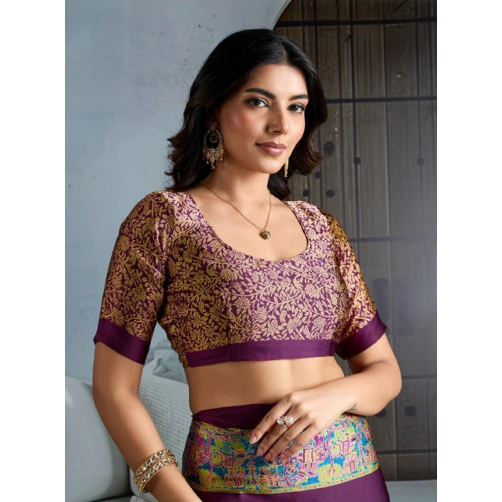 Generic Women's Satin Crepe Printed Saree With Unstitched Blouse 5.5Mtr (Purple) - VANSHELLE