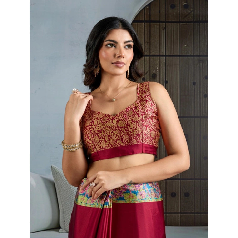Generic Women's Satin Crepe Printed Saree With Unstitched Blouse 5.5Mtr (Maroon) - VANSHELLE