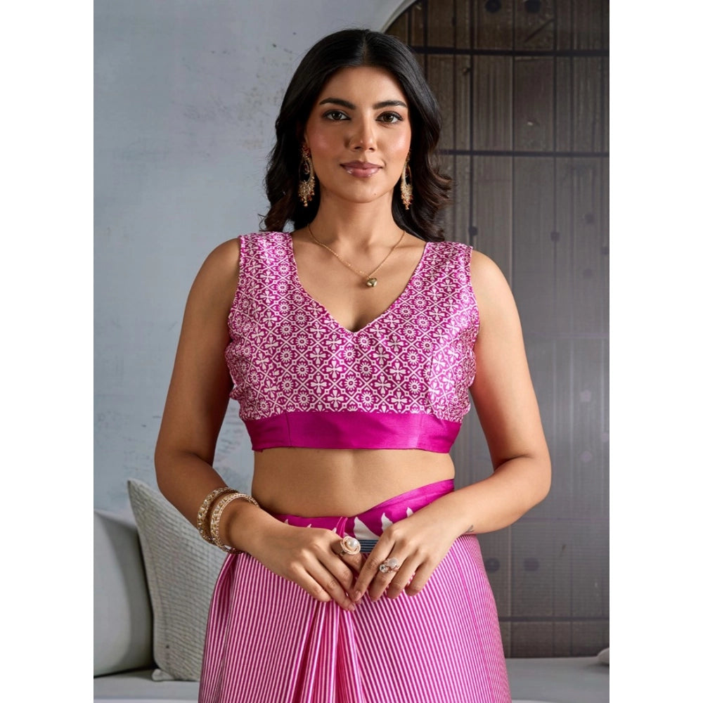 Generic Women's Satin Crepe Printed Saree With Unstitched Blouse 5.5Mtr (Pink) - VANSHELLE