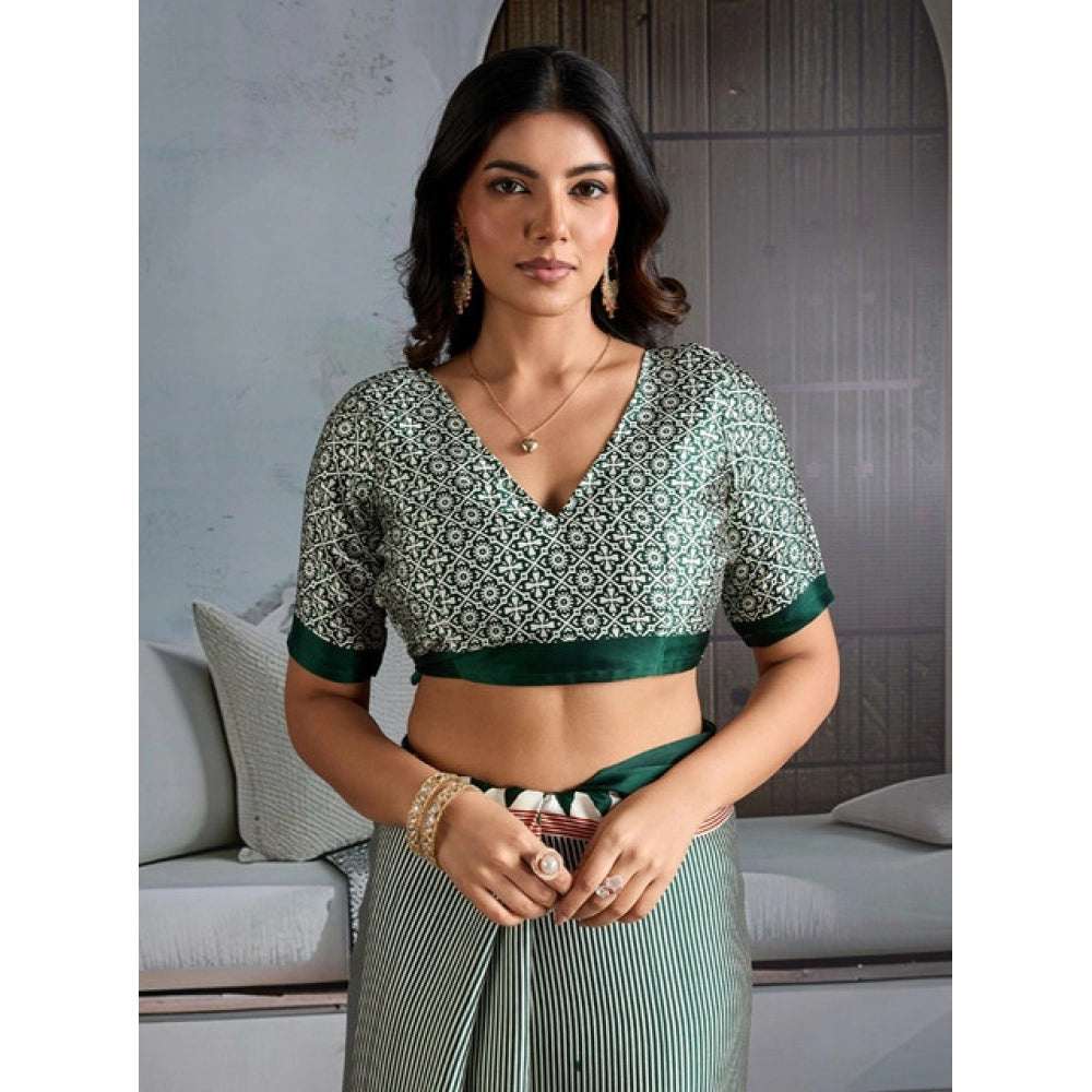 Generic Women's Satin Crepe Printed Saree With Unstitched Blouse 5.5Mtr (Green) - VANSHELLE