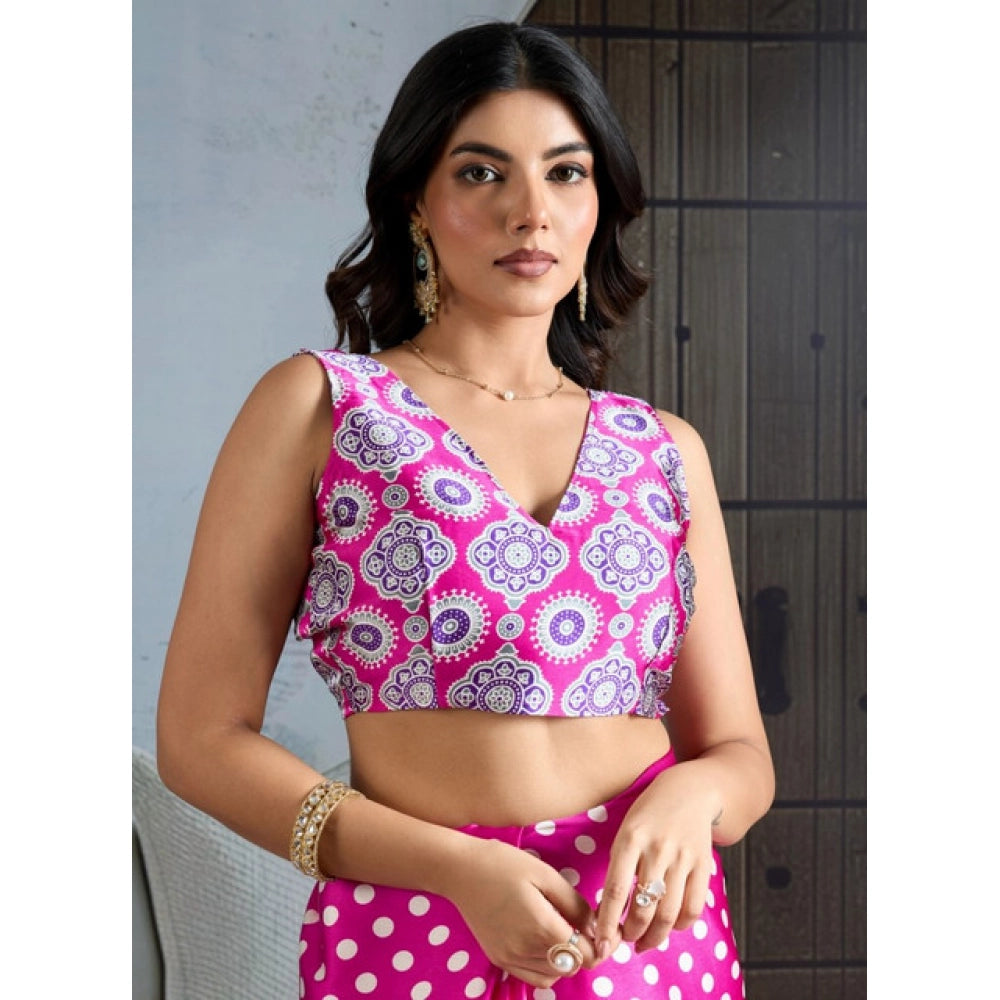 Generic Women's Satin Crepe Printed Saree With Unstitched Blouse 5.5Mtr (Pink) - VANSHELLE