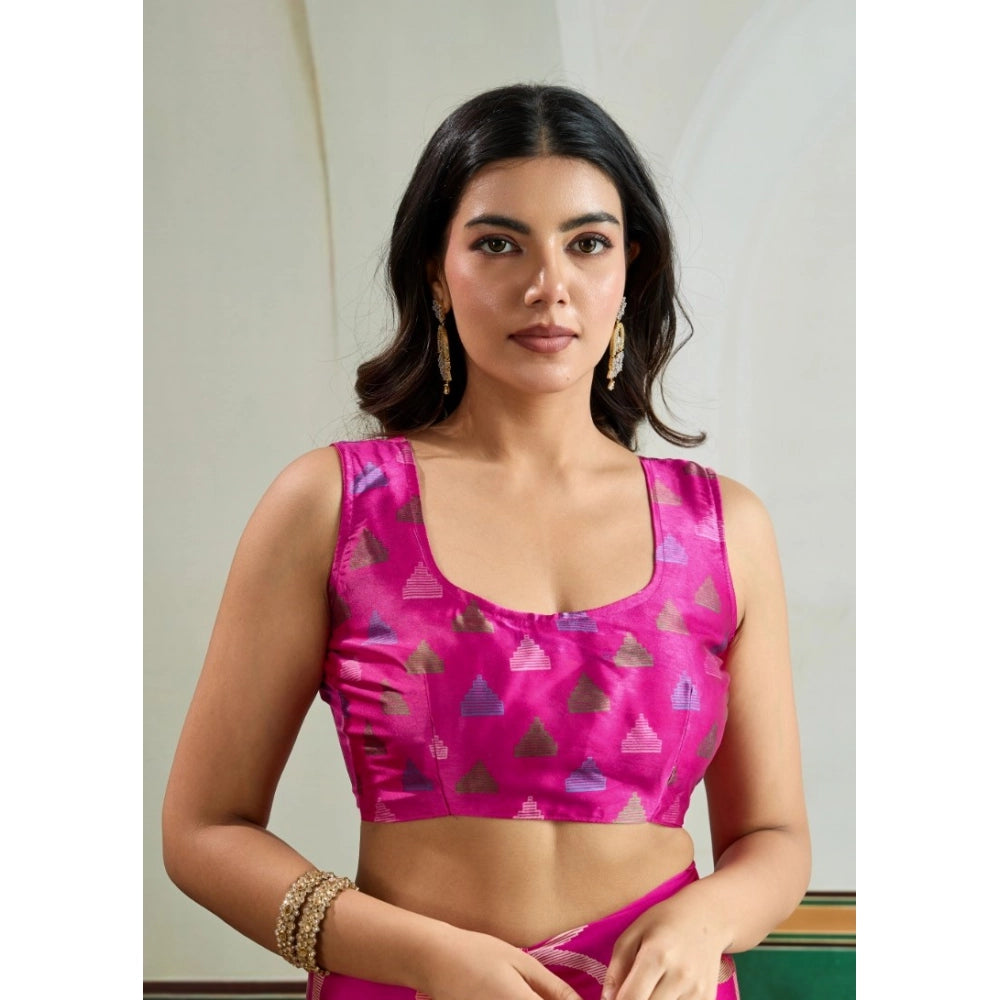 Generic Women's Satin Crepe Printed Saree With Unstitched Blouse 5.5Mtr (Pink) - VANSHELLE