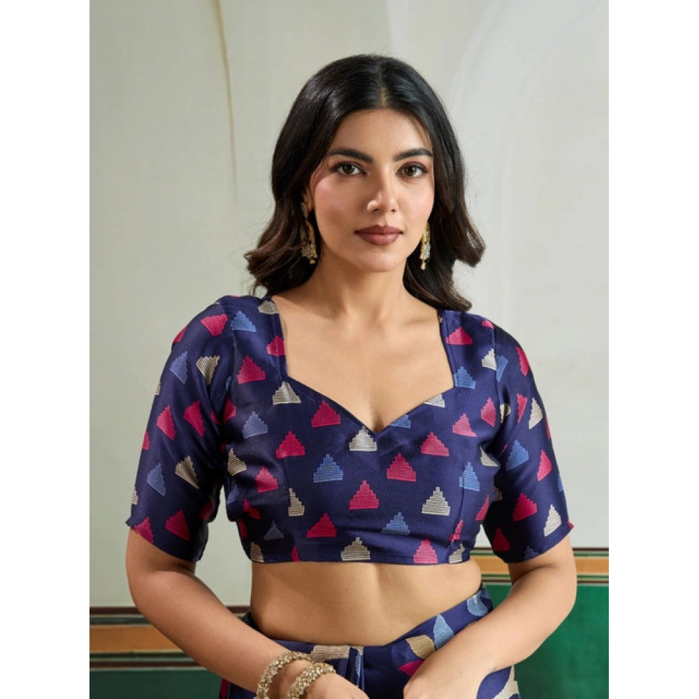 Generic Women's Satin Crepe Printed Saree With Unstitched Blouse 5.5Mtr (Navy Blue) - VANSHELLE