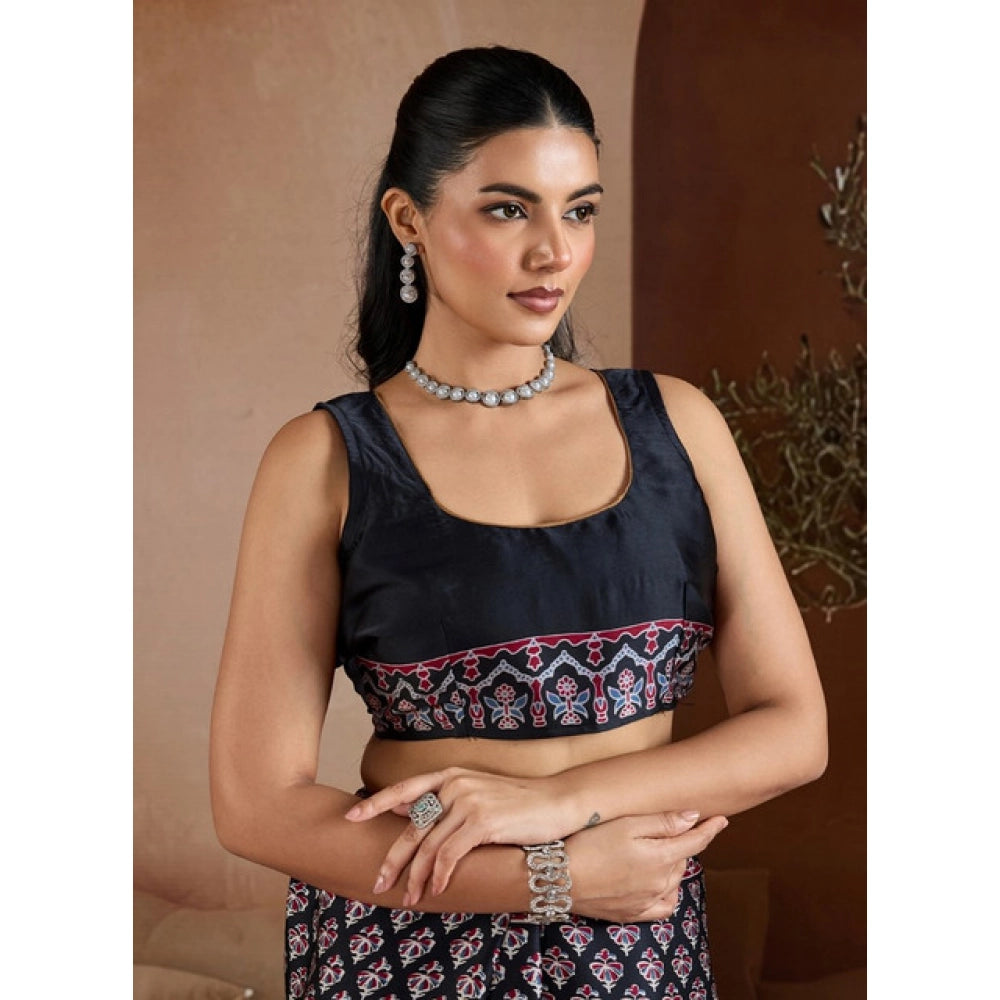 Generic Women's Satin Crepe Printed Saree With Unstitched Blouse 5.5Mtr (Black) - VANSHELLE