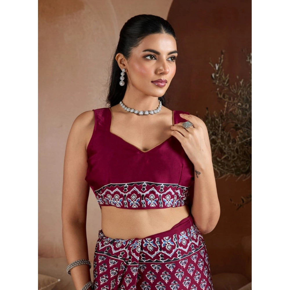 Generic Women's Satin Crepe Printed Saree With Unstitched Blouse 5.5Mtr (Maroon) - VANSHELLE