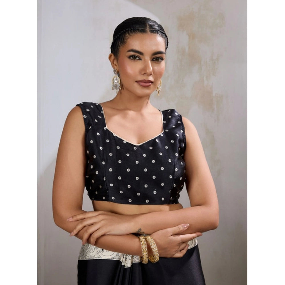 Generic Women's Satin Crepe Printed Saree With Unstitched Blouse 5.5Mtr (Black) - VANSHELLE