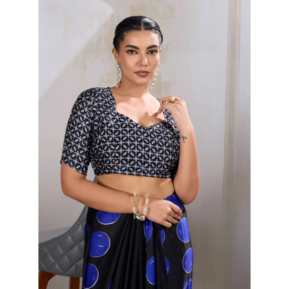 Generic Women's Satin Crepe Printed Saree With Unstitched Blouse 5.5Mtr (Blue) - VANSHELLE