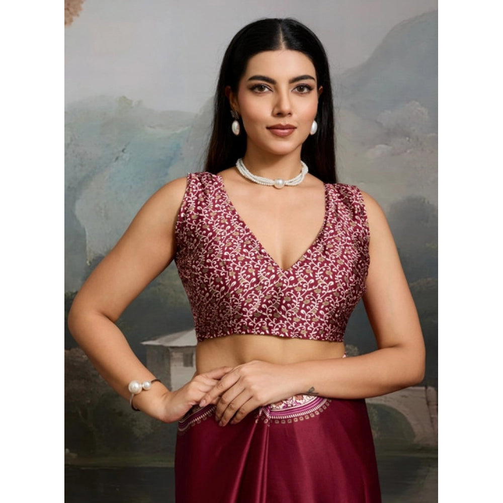 Generic Women's Satin Crepe Printed Saree With Unstitched Blouse 5.5Mtr (Maroon) - VANSHELLE