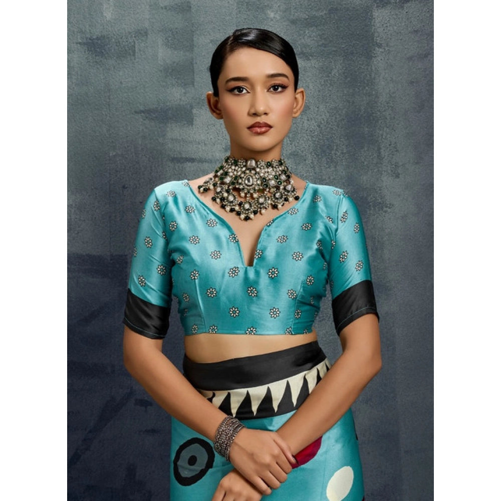 Generic Women's Satin Crepe Printed Saree With Unstitched Blouse 5.5Mtr (Sky Blue) - VANSHELLE