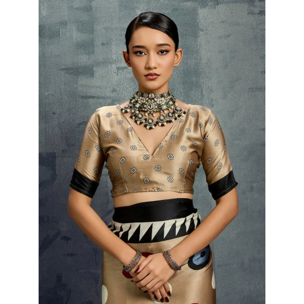 Generic Women's Satin Crepe Printed Saree With Unstitched Blouse 5.5Mtr (Multicolor) - VANSHELLE
