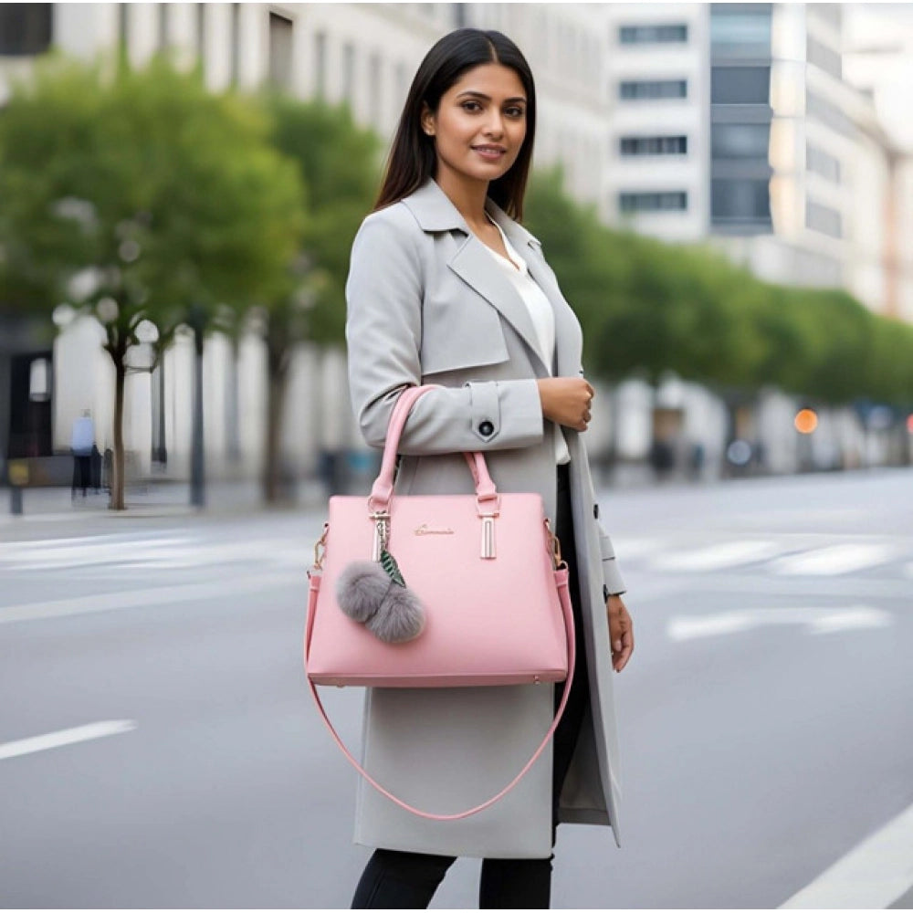 Women'S Pu Leather Solid Shoulder Zipper Handbag (Pink)