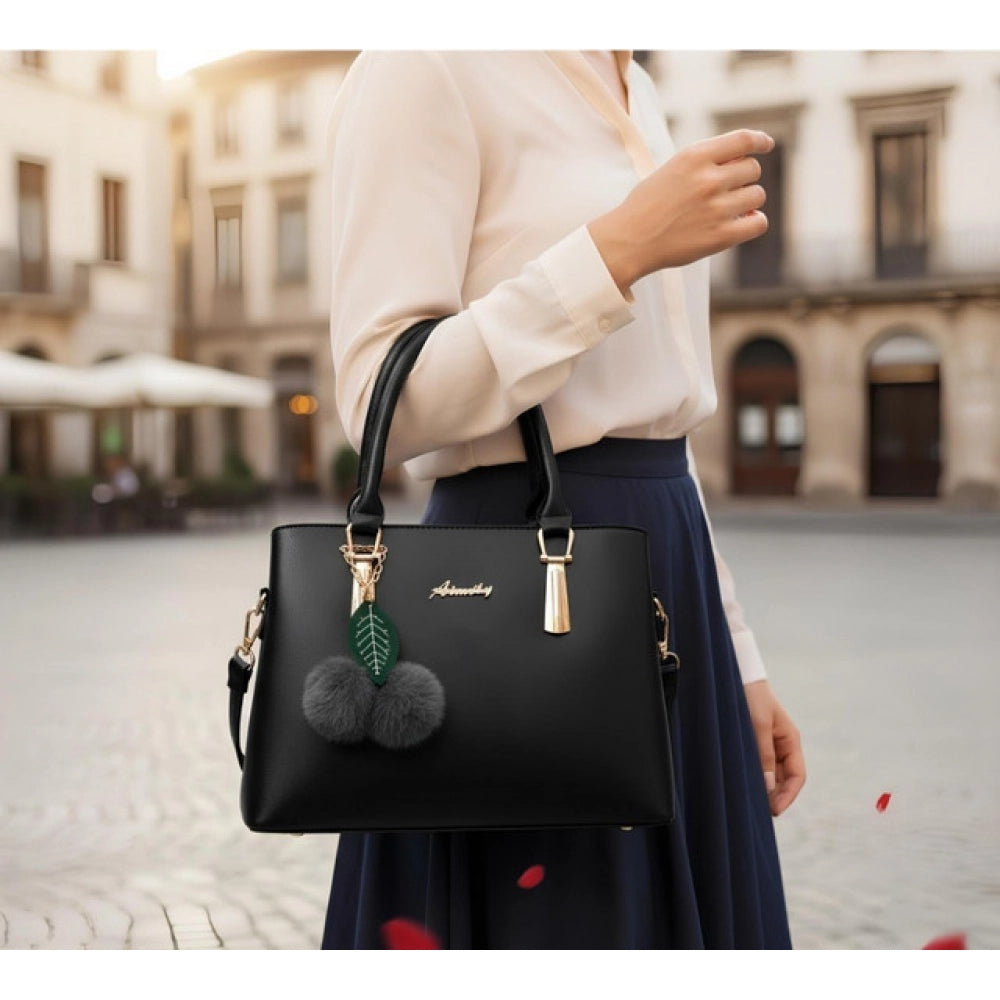 Women'S Pu Leather Solid Shoulder Zipper Handbag (Black)
