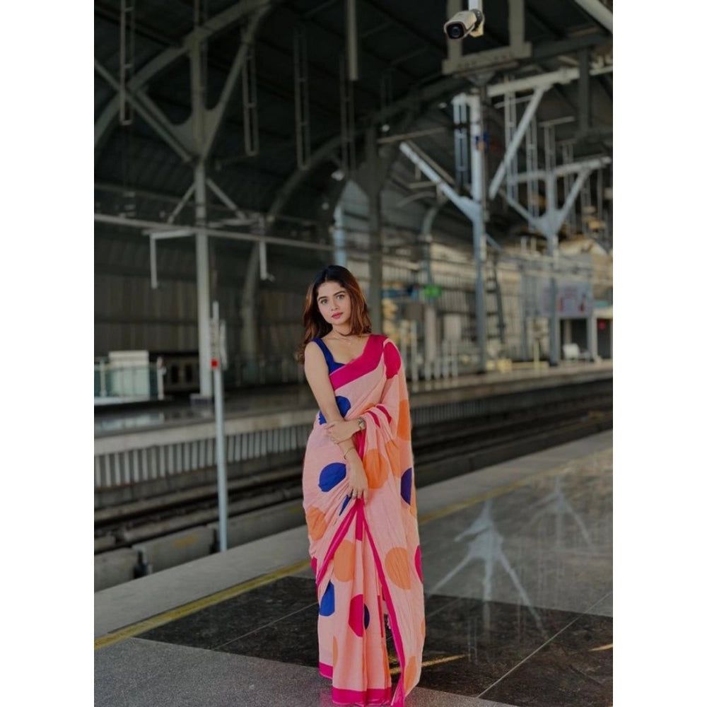 Women'S Linen Printed Saree With Unstitched Blouse 5.5Mtr (Ora