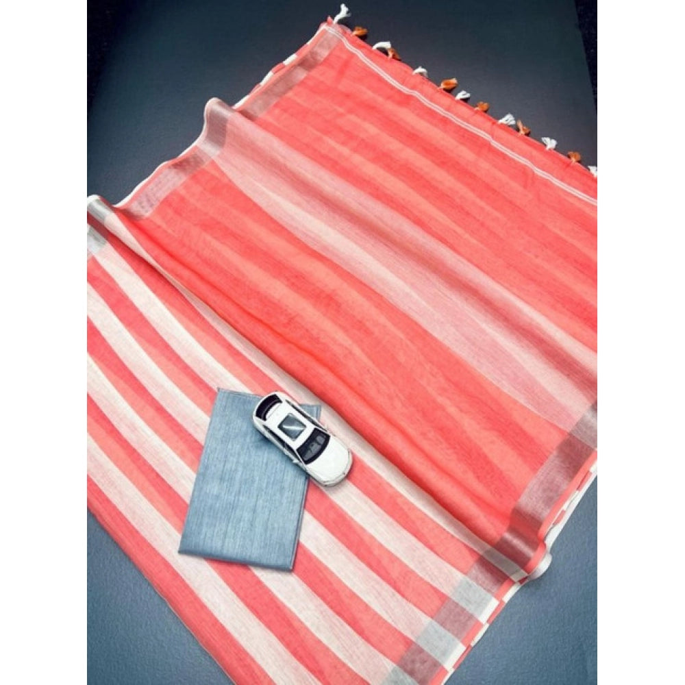 Women'S Linen Printed Saree With Unstitched Blouse 5.5Mtr (Mul