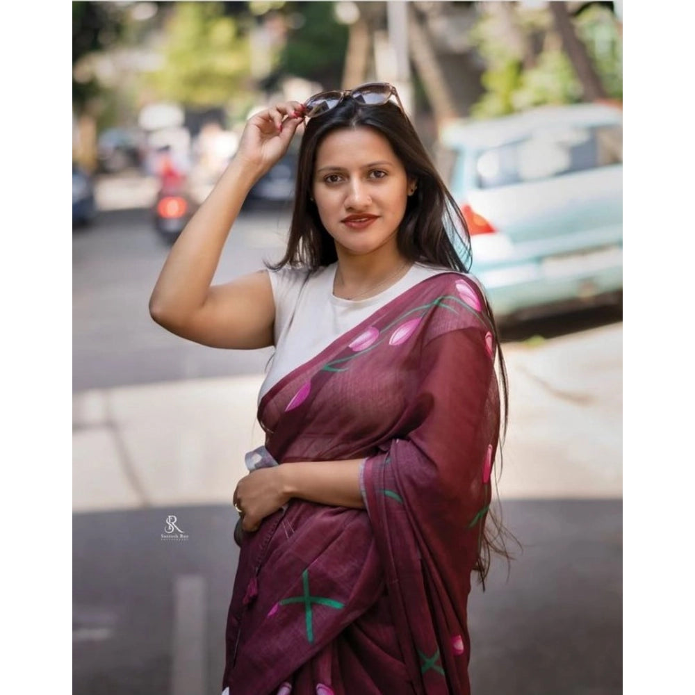 Women'S Linen Printed Saree With Unstitched Blouse 5.5Mtr (Bro
