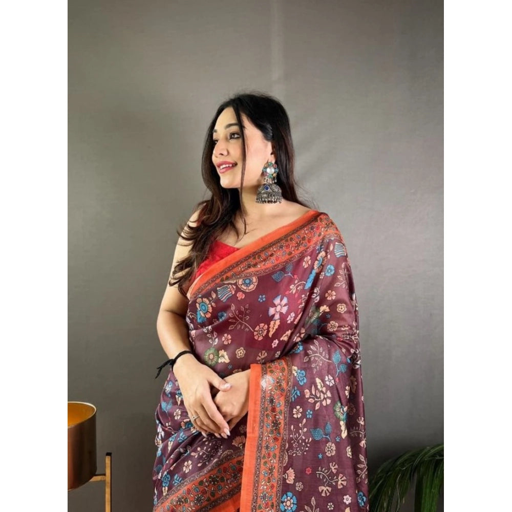 Women'S Linen Printed Saree With Unstitched Blouse 5.5Mtr (Bro