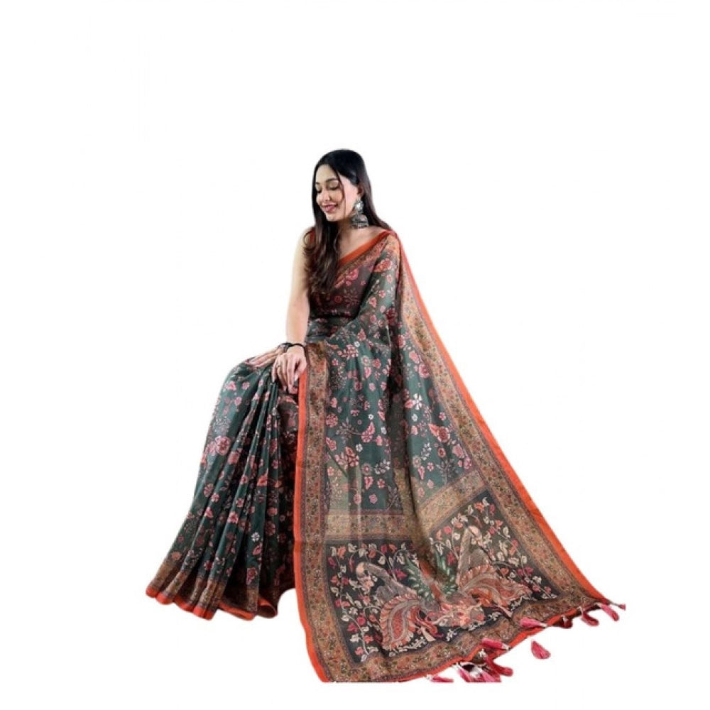 Women'S Linen Printed Saree With Unstitched Blouse 5.5Mtr (Gre