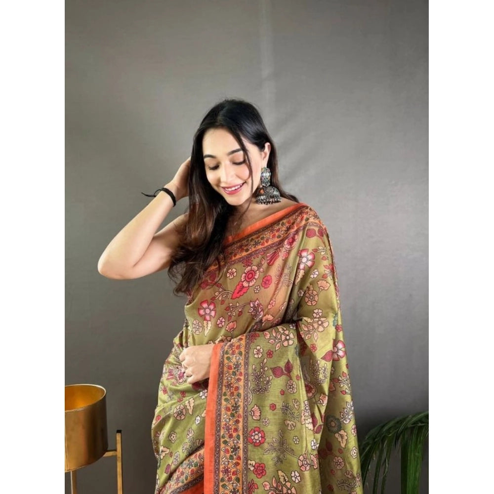Women'S Linen Printed Saree With Unstitched Blouse 5.5Mtr (Sea