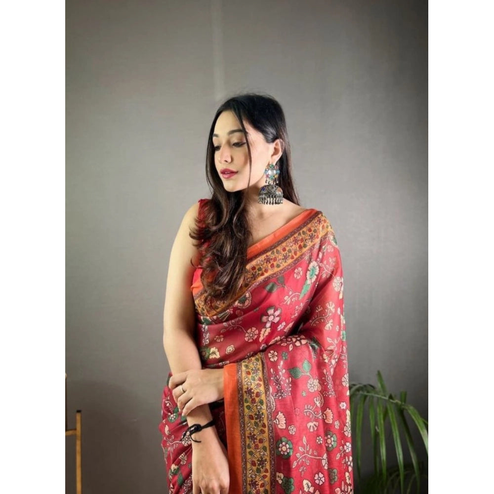 Women'S Linen Printed Saree With Unstitched Blouse 5.5Mtr (Red