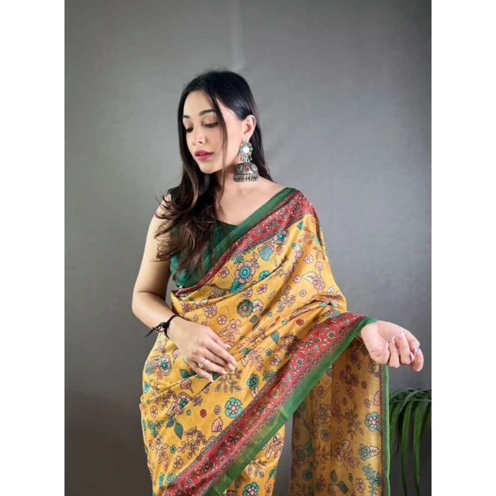 Women'S Linen Printed Saree With Unstitched Blouse 5.5Mtr (Yel