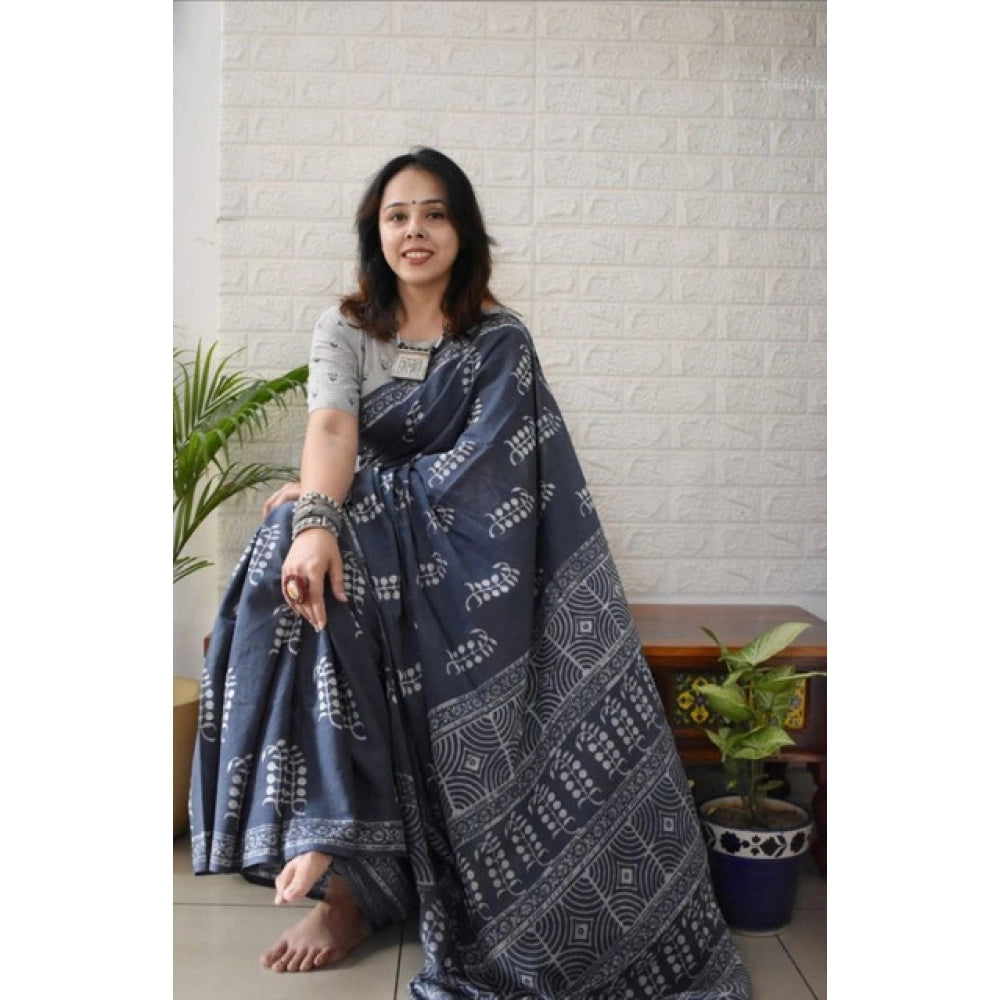 Women'S Linen Printed Saree With Unstitched Blouse 5.5Mtr (Gre