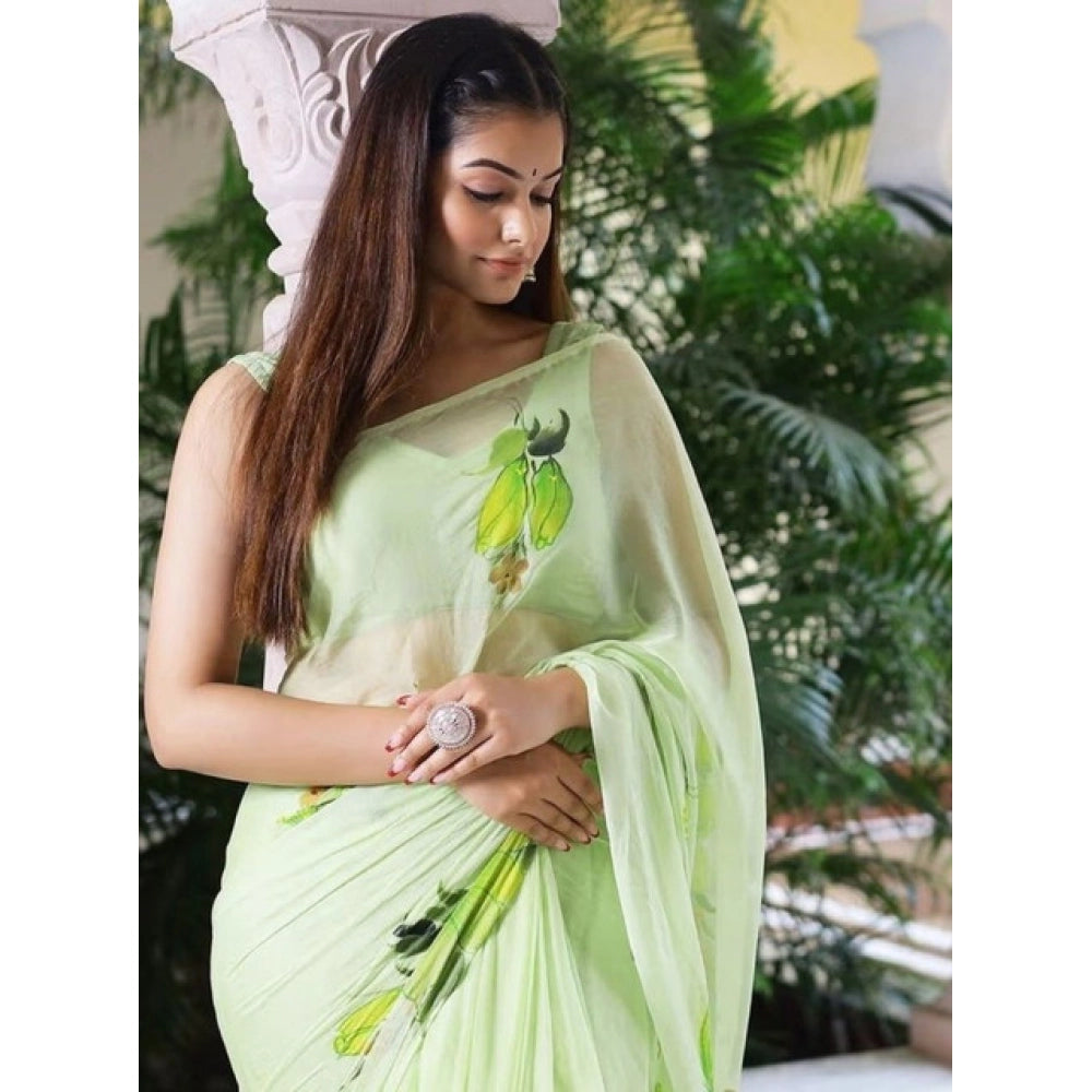 Women'S Linen Printed Saree With Unstitched Blouse 5.5Mtr (Gre