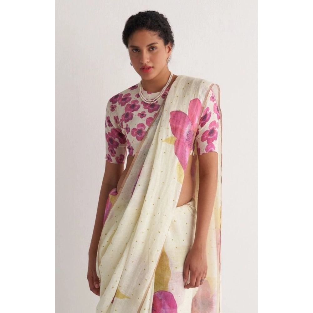 Women'S Linen Printed Saree With Unstitched Blouse 5.5Mtr (Whi