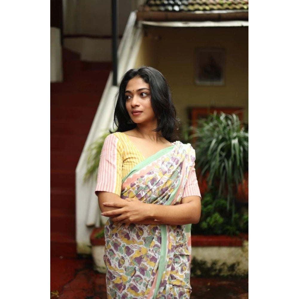 Women'S Linen Printed Saree With Unstitched Blouse 5.5Mtr (Mul