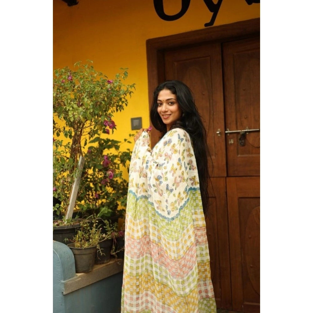 Women'S Linen Printed Saree With Unstitched Blouse 5.5Mtr (Whi