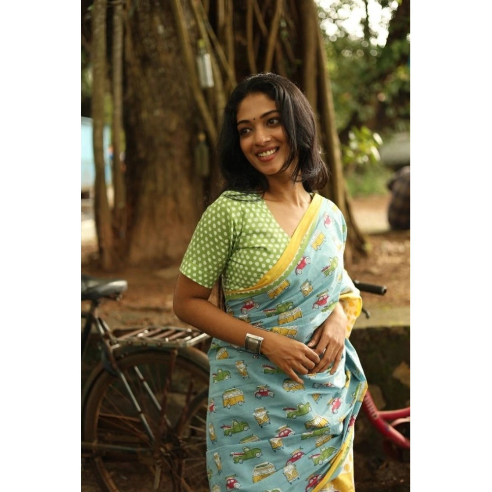 Women'S Linen Printed Saree With Unstitched Blouse 5.5Mtr (Blu