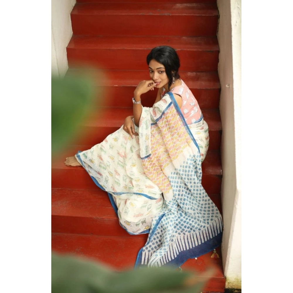 Women'S Linen Printed Saree With Unstitched Blouse 5.5Mtr (Whi