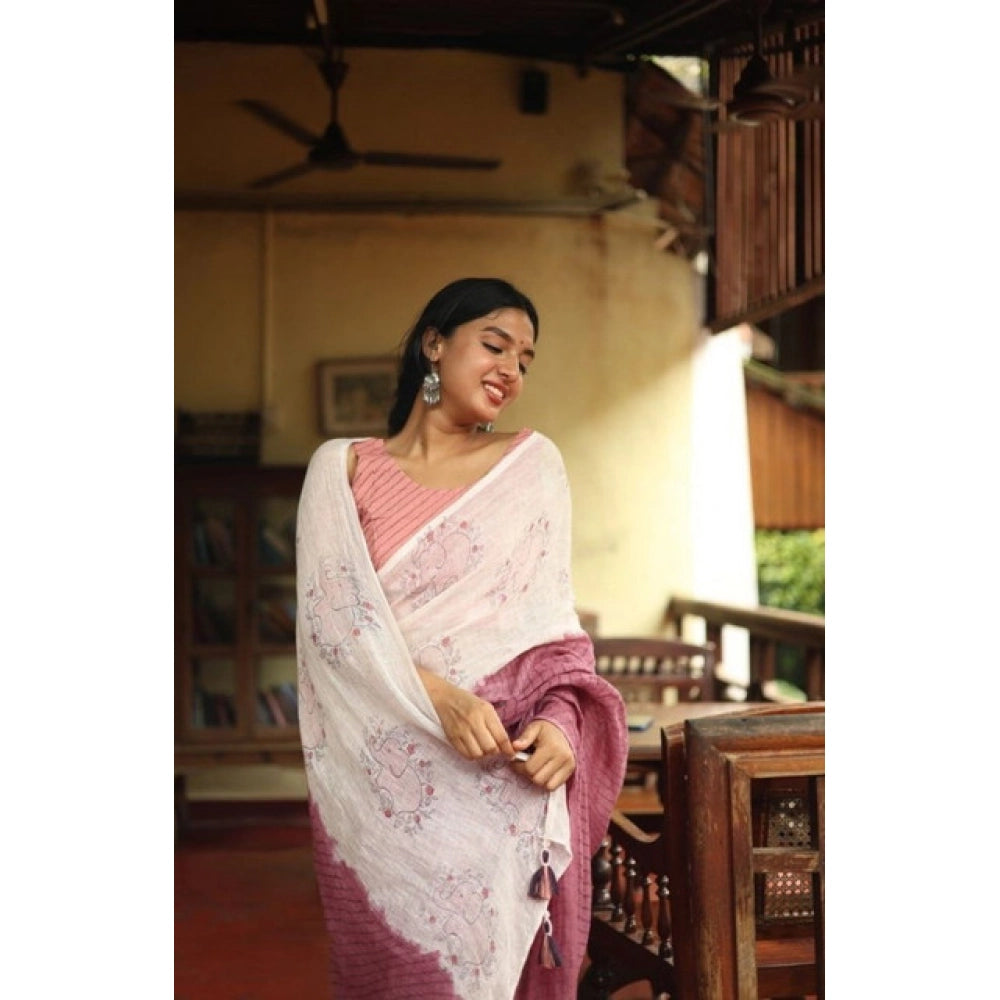 Women'S Linen Printed Saree With Unstitched Blouse 5.5Mtr (Whi