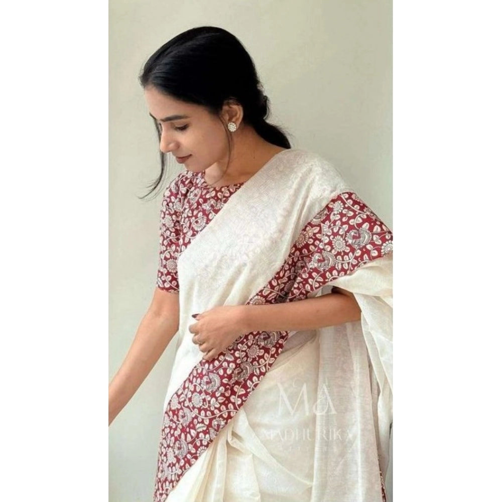 Women'S Linen Printed Saree With Unstitched Blouse 5.5Mtr (Whi