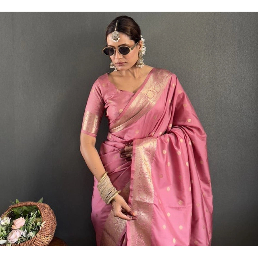 Women'S Satin Printed Saree With Unstitched Blouse 5.5Mtr (Pin