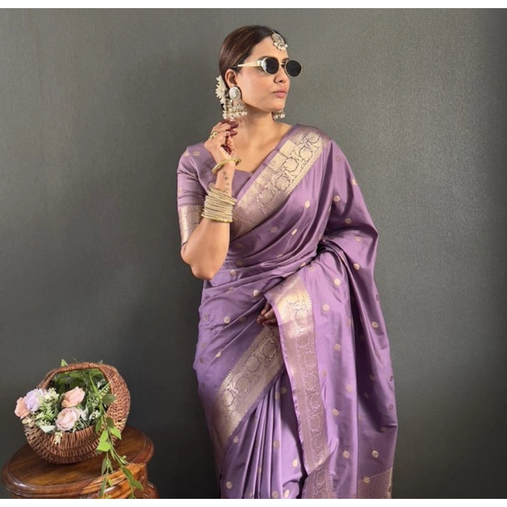 Women'S Satin Printed Saree With Unstitched Blouse 5.5Mtr (Pur
