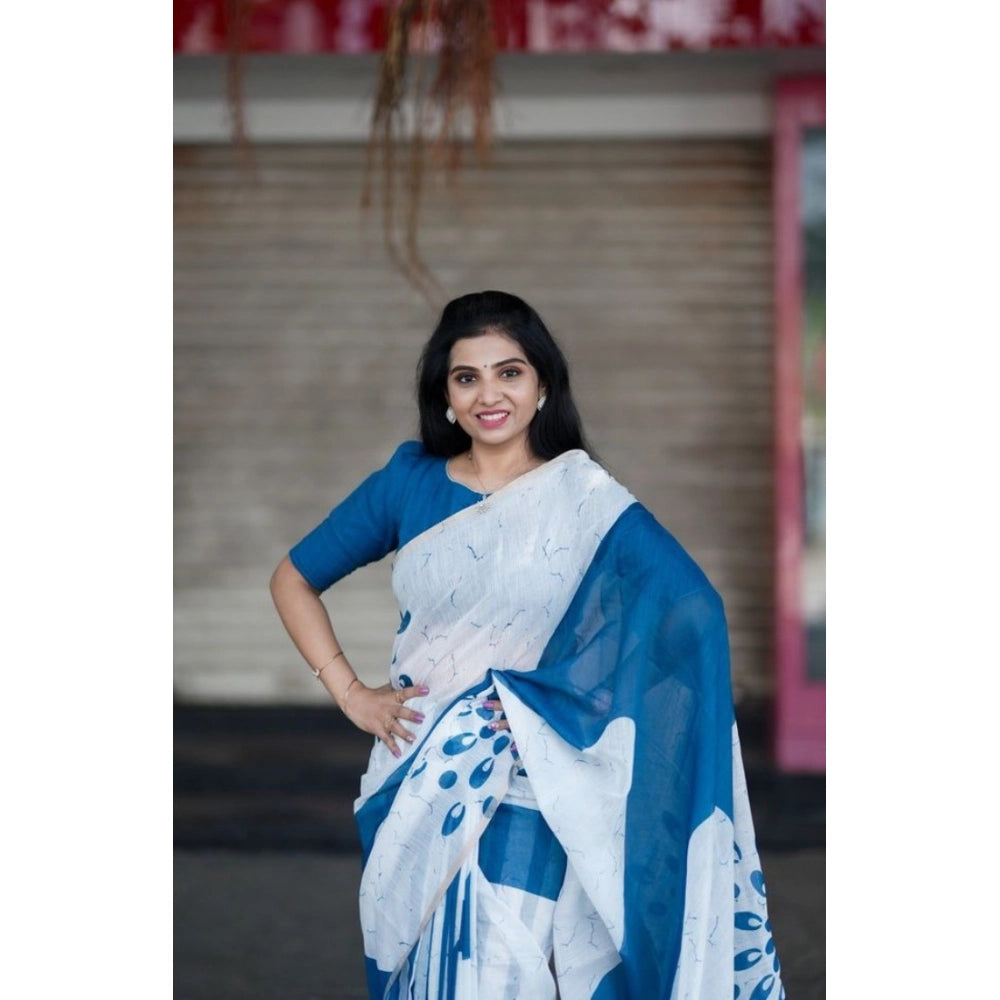 Women'S Linen Printed Saree With Unstitched Blouse 5.5Mtr (Whi