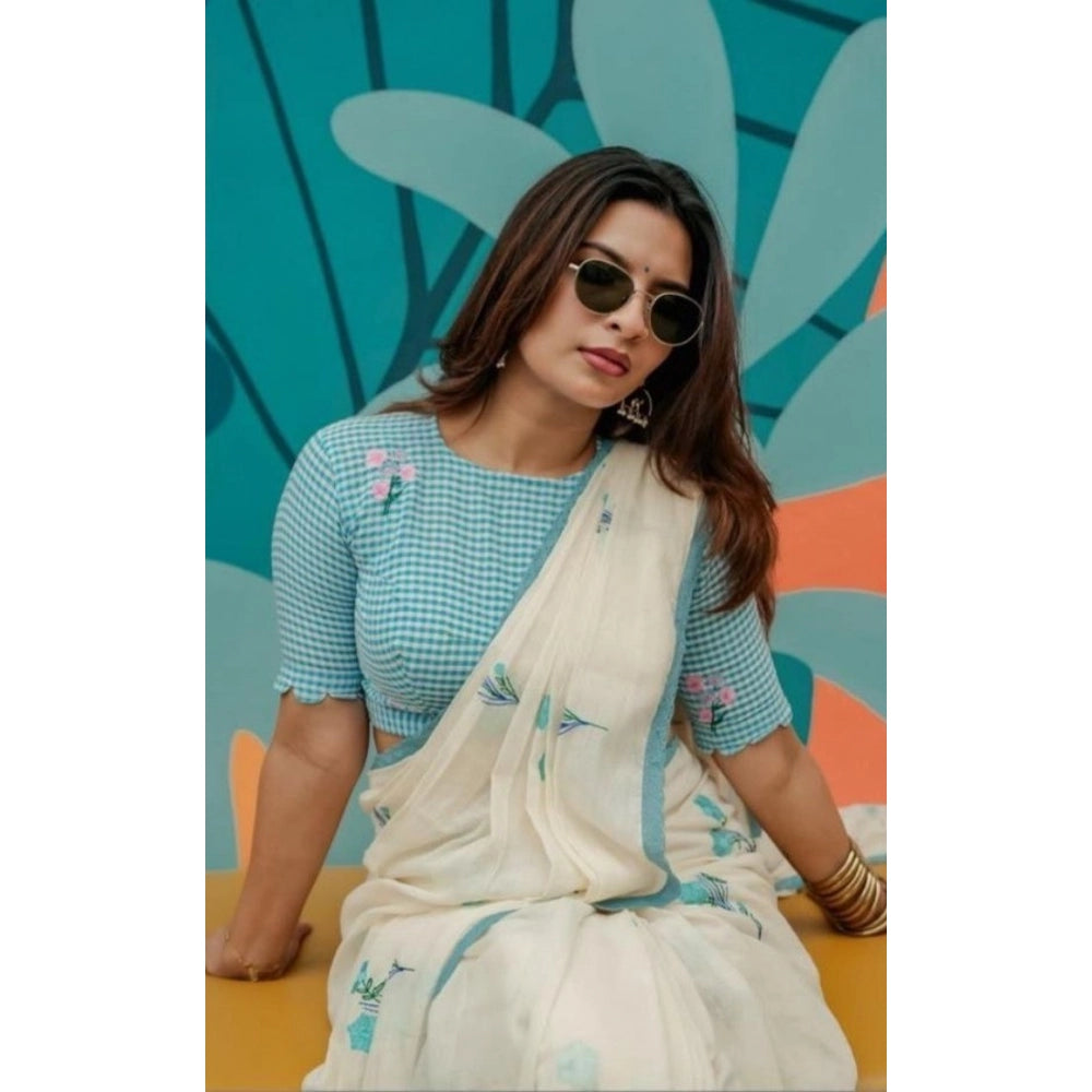 Women'S Linen Printed Saree With Unstitched Blouse 5.5Mtr (Whi