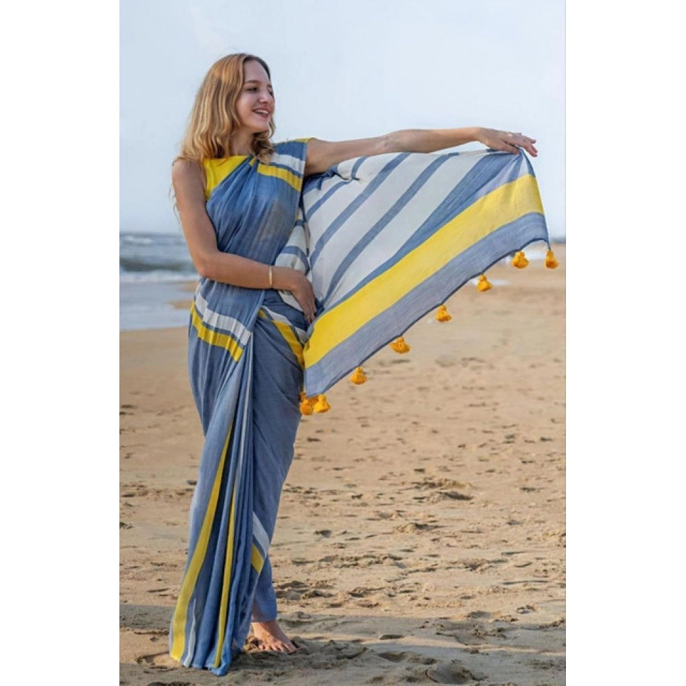 Women's Linen Printed Saree With Unstitched Blouse 5.5Mtr - Blue