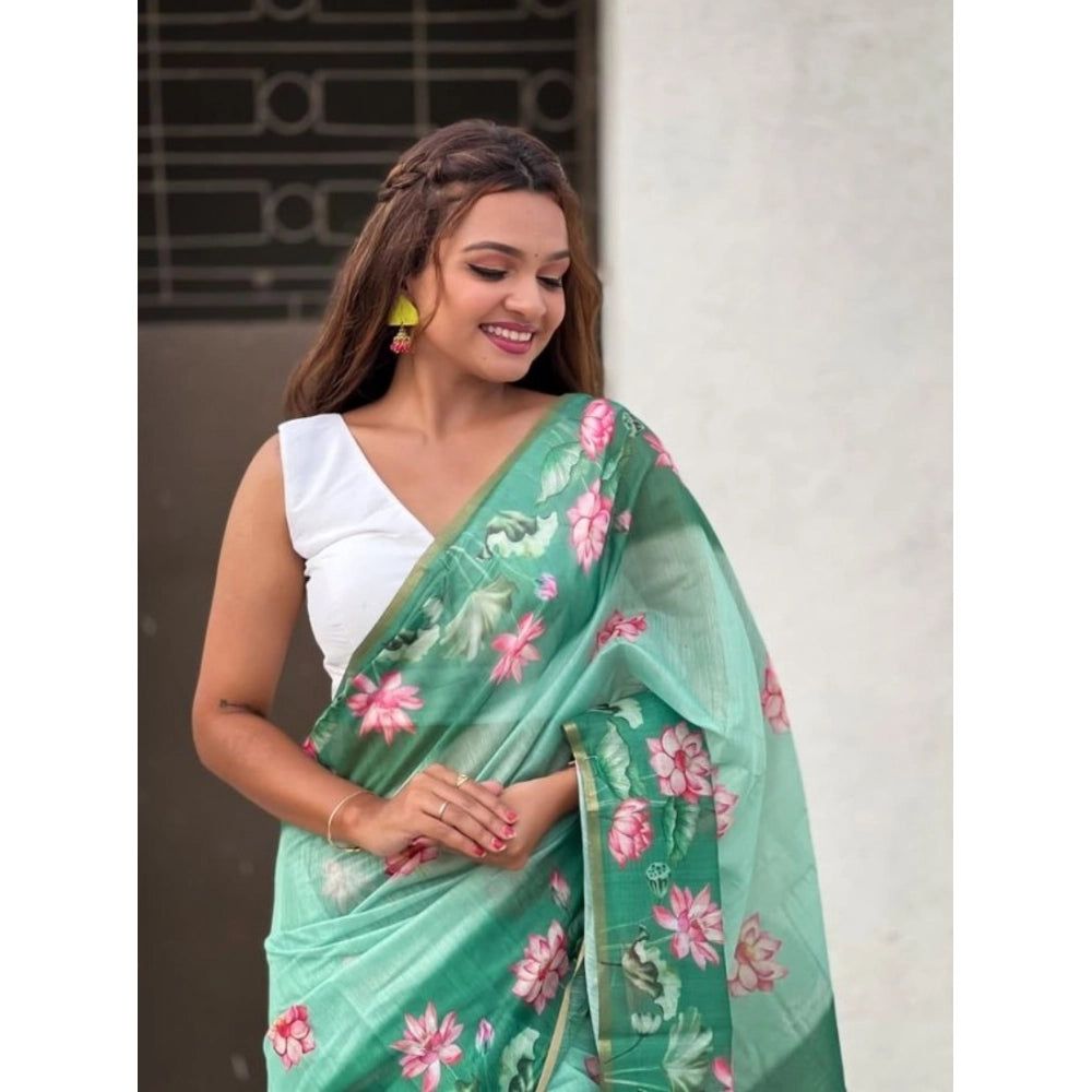 Women'S Linen Printed Saree With Unstitched Blouse 5.5Mtr (Gre