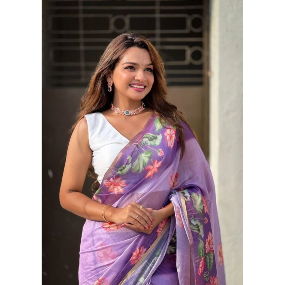 Women'S Linen Printed Saree With Unstitched Blouse 5.5Mtr (Pur