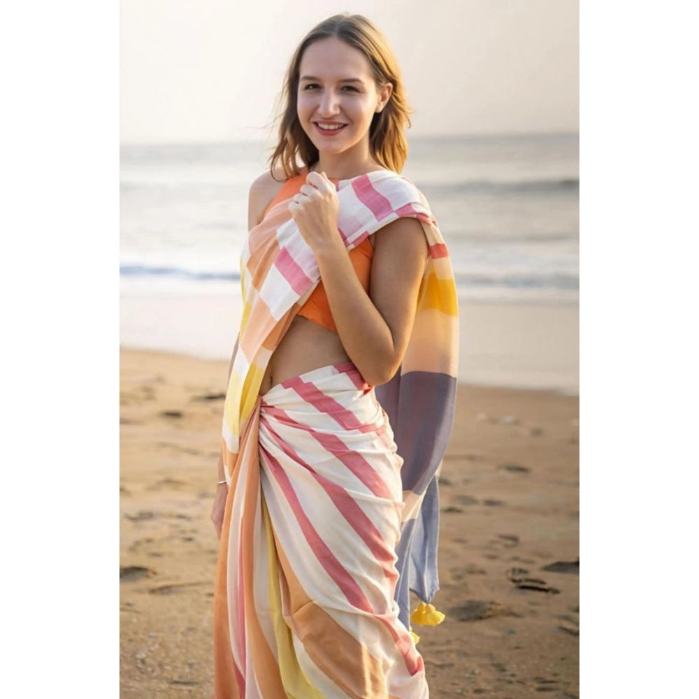 Women'S Linen Printed Saree With Unstitched Blouse 5.5Mtr (Yel