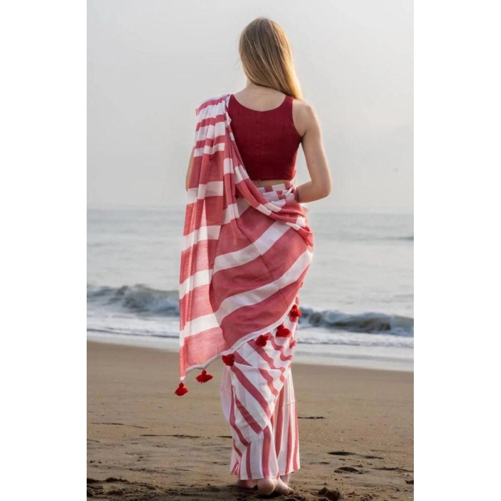 Women'S Linen Printed Saree With Unstitched Blouse 5.5Mtr (Red