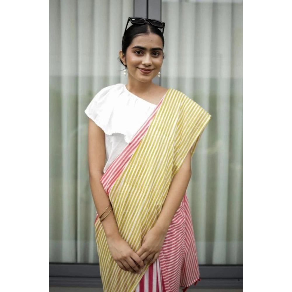 Women'S Linen Printed Saree With Unstitched Blouse 5.5Mtr (Yel