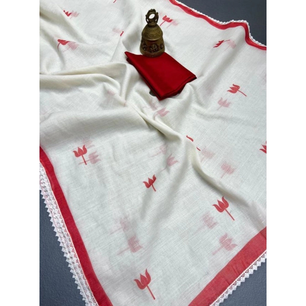 Women'S Linen Printed Saree With Unstitched Blouse 5.5Mtr (Whi